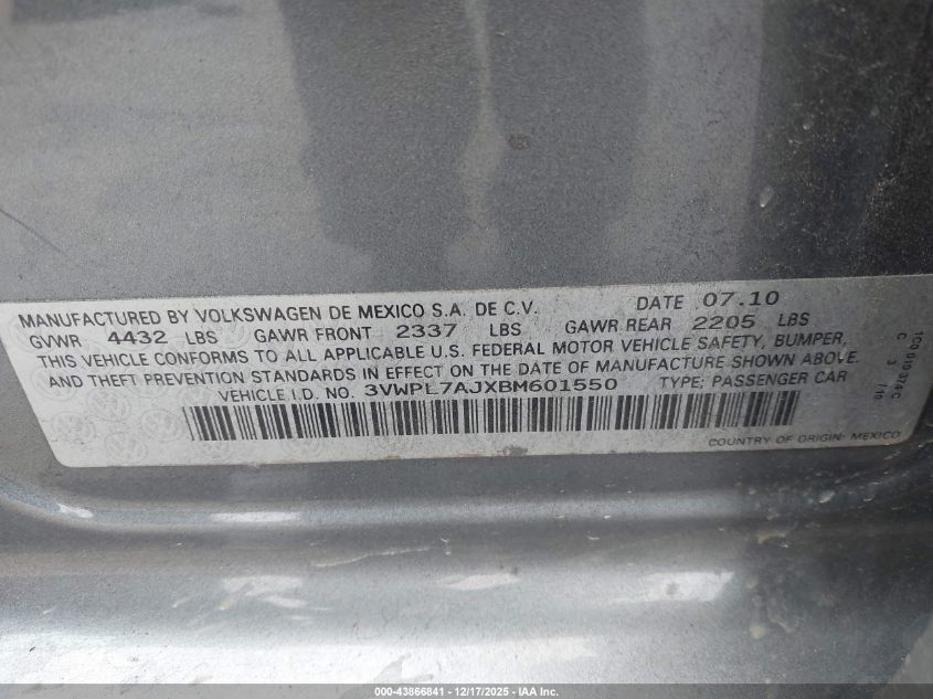 2011 Volkswagen Jetta Sportwagen 2.0L Tdi VIN: 3VWPL7AJXBM601550 Lot: 43866841