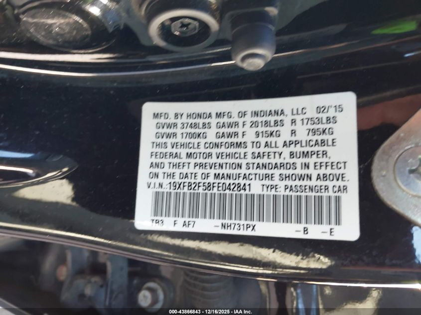 2015 Honda Civic Lx VIN: 19XFB2F58FE042841 Lot: 43866843