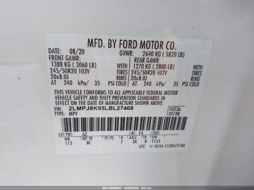 2020 Lincoln Nautilus Reserve VIN: 2LMPJ8K95LBL27468 Lot: 43866848