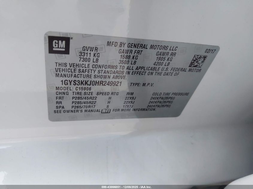 2017 Cadillac Escalade Esv Platinum VIN: 1GYS3KKJ0HR249921 Lot: 43866851