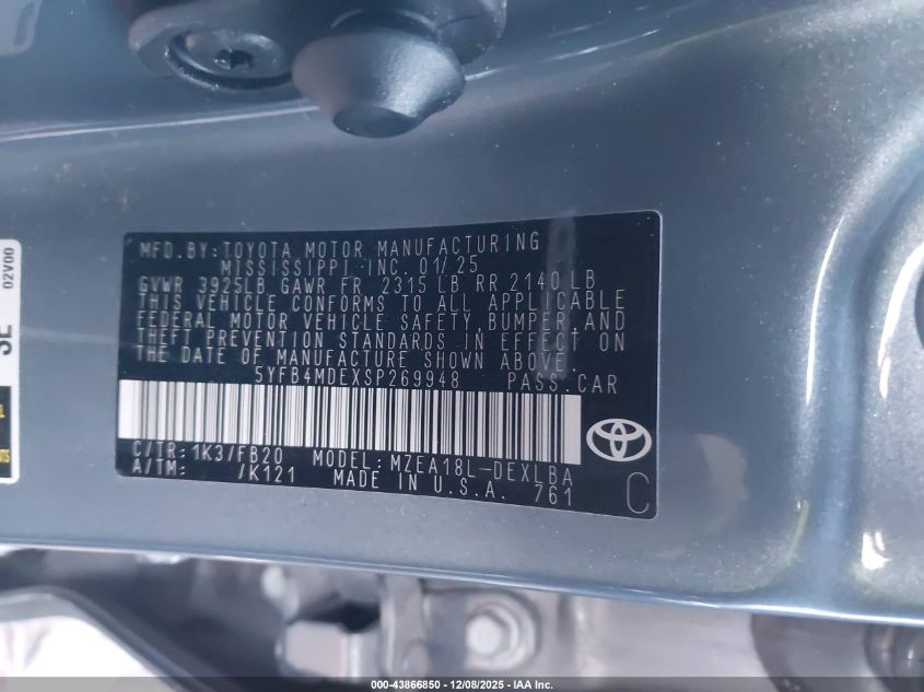 2025 Toyota Corolla Le VIN: 5YFB4MDEXSP269948 Lot: 43866850