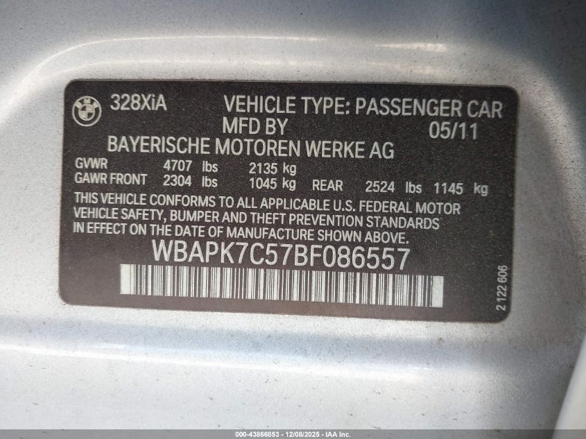 2011 BMW 328I xDrive VIN: WBAPK7C57BF086557 Lot: 43866853