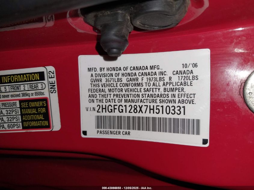 2007 Honda Civic Ex VIN: 2HGFG128X7H510331 Lot: 43866858