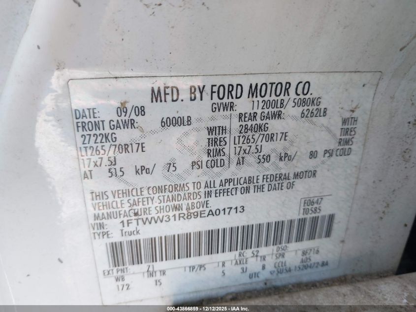 2009 Ford F-350 Fx4/Harley-Davidson/King Ranch/Lariat/Xl/Xlt VIN: 1FTWW31R89EA01713 Lot: 43866859