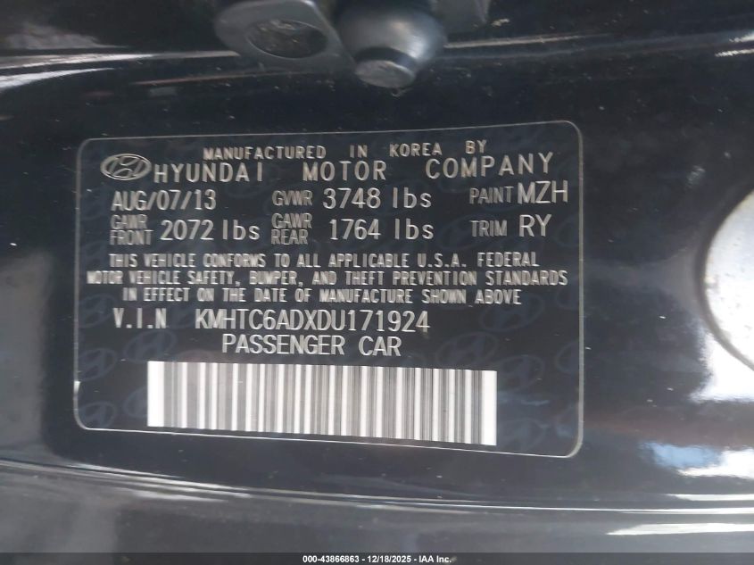 2013 Hyundai Veloster Base W/Gray VIN: KMHTC6ADXDU171924 Lot: 43866863