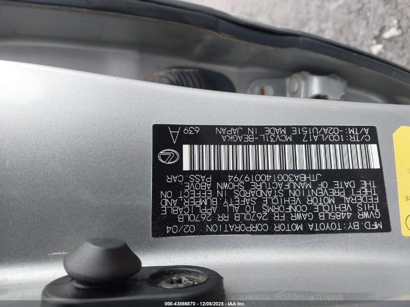 2004 Lexus Es 330 VIN: JTHBA30G140019794 Lot: 43866870