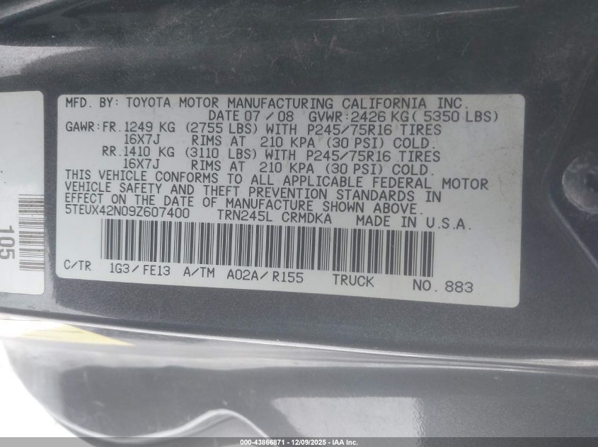 2009 Toyota Tacoma VIN: 5TEUX42N09Z607400 Lot: 43866871
