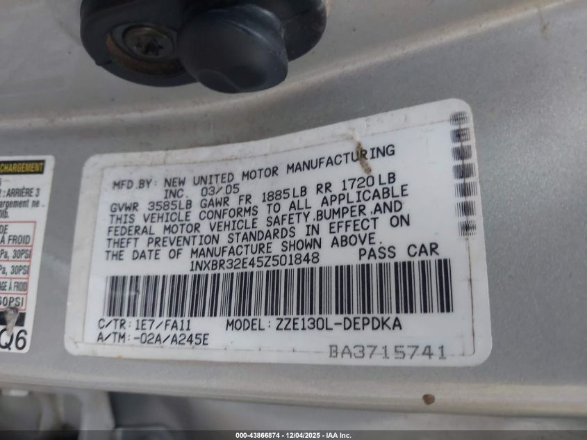 2005 Toyota Corolla Ce VIN: 1NXBR32E45Z501848 Lot: 43866874