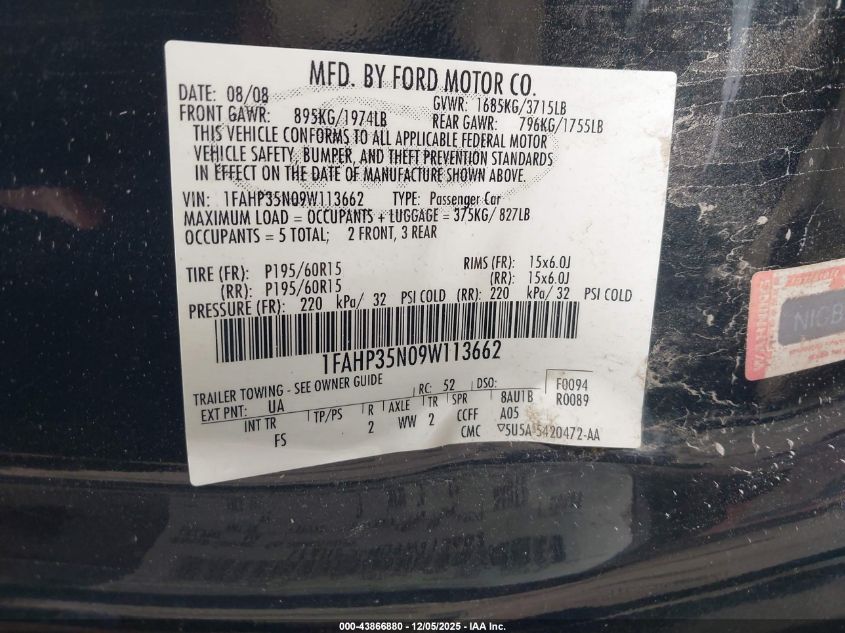 2009 Ford Focus Se VIN: 1FAHP35N09W113662 Lot: 43866880