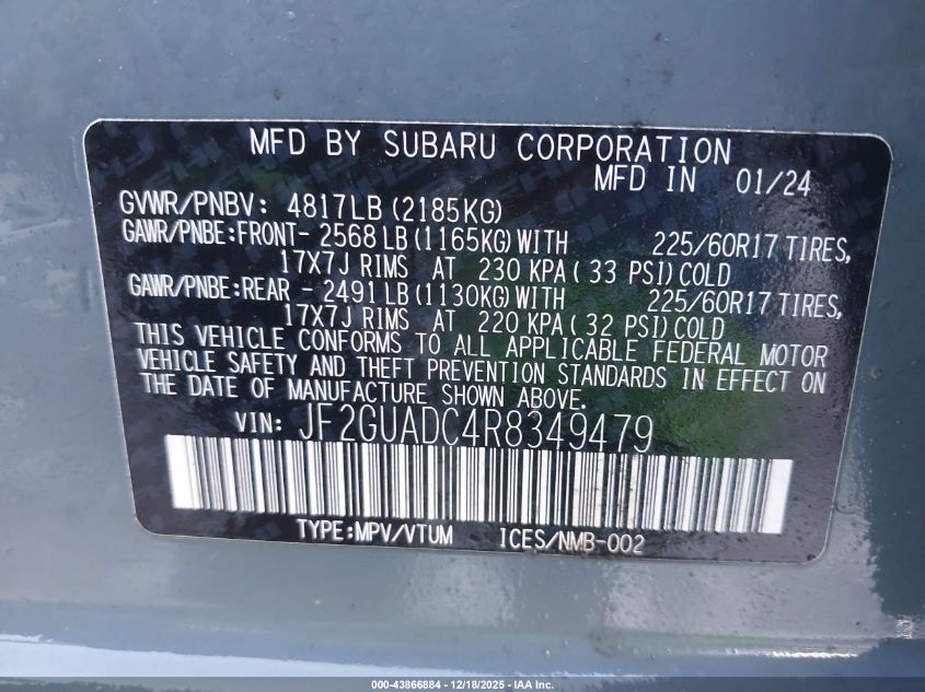 2024 Subaru Crosstrek Premium VIN: JF2GUADC4R8349479 Lot: 43866884