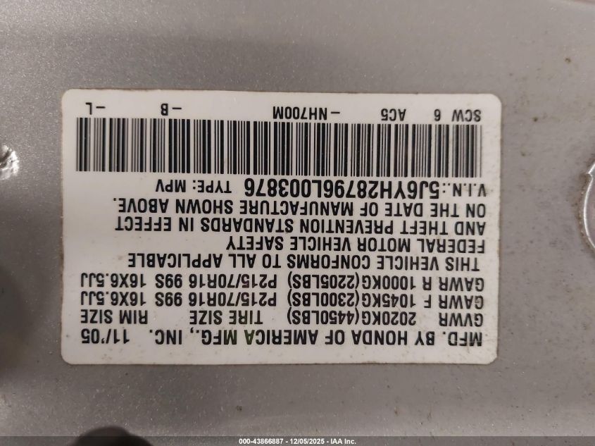 2006 Honda Element Ex-P VIN: 5J6YH28796L003876 Lot: 43866887