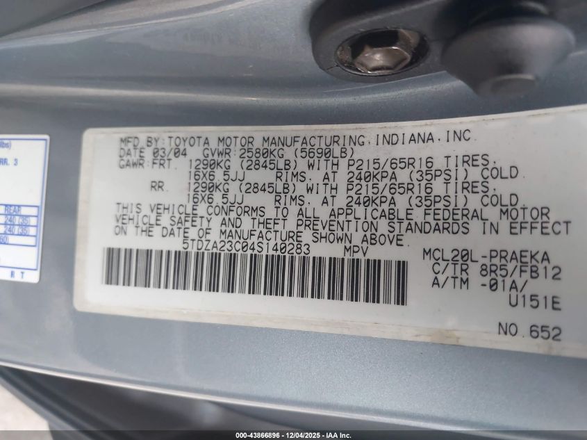 2004 Toyota Sienna Le VIN: 5TDZA23C04S140283 Lot: 43866896