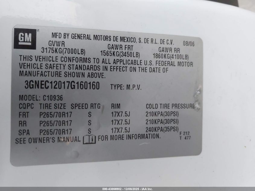 2007 Chevrolet Avalanche 1500 Ls VIN: 3GNEC12017G160160 Lot: 43866902