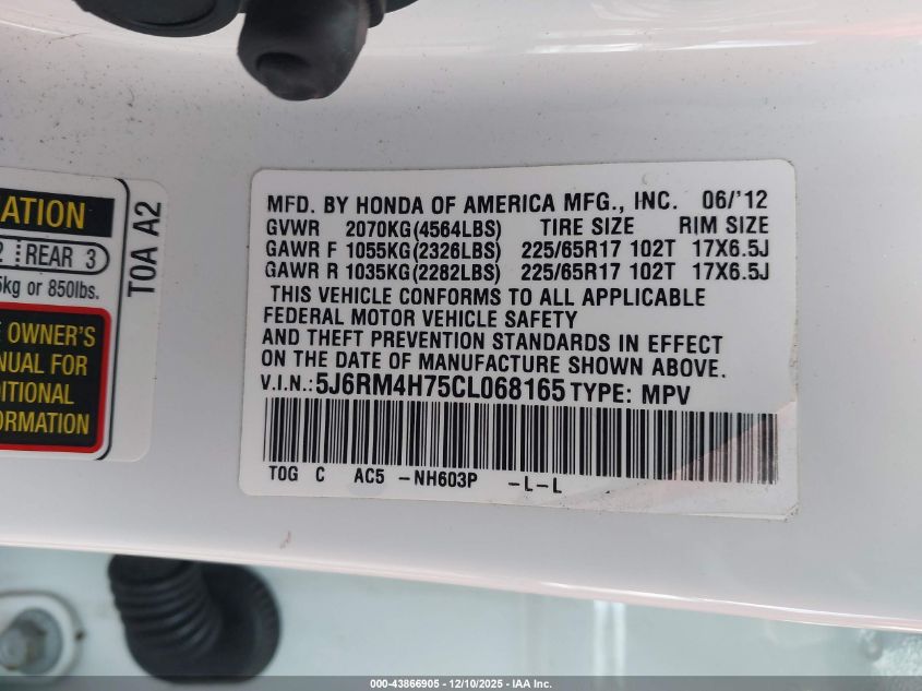 2012 Honda Cr-V Ex-L VIN: 5J6RM4H75CL068165 Lot: 43866905