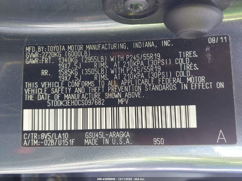 2012 Toyota Highlander Limited V6 VIN: 5TDDK3EH0CS097682 Lot: 43866909