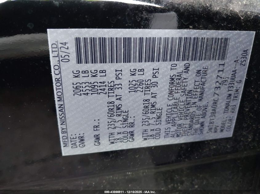 2024 Nissan Rogue Sv Fwd VIN: 5N1BT3BA0RC732711 Lot: 43866911