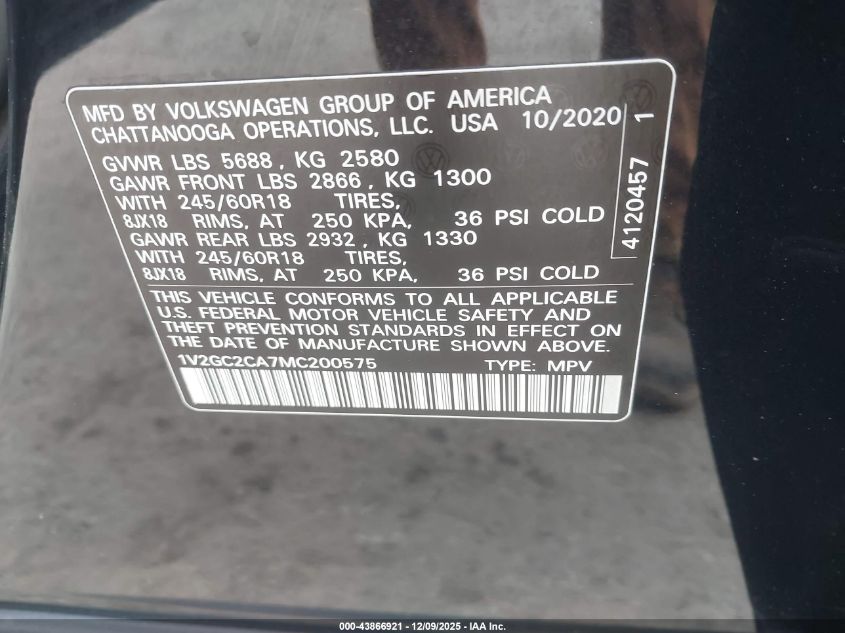 2021 Volkswagen Atlas Cross Sport 2.0T S VIN: 1V2GC2CA7MC200575 Lot: 43866921