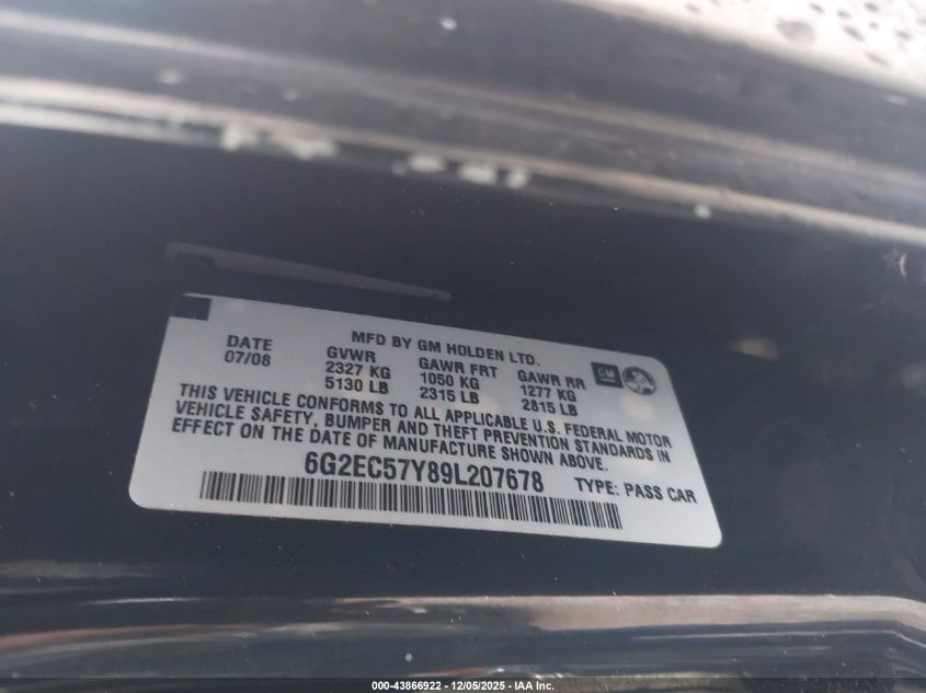 2009 Pontiac G8 Gt VIN: 6G2EC57Y89L207678 Lot: 43866922