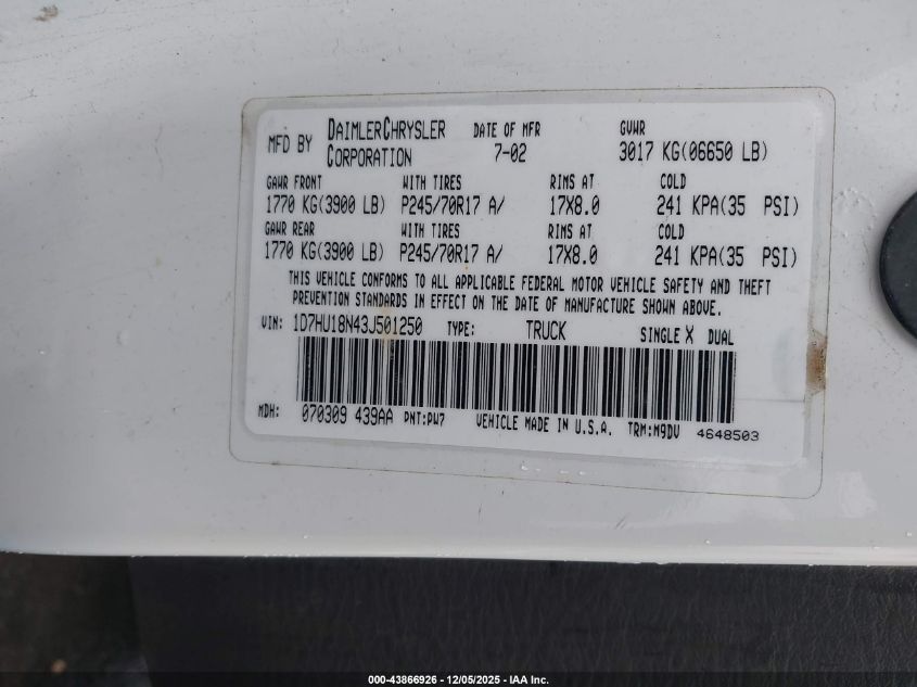 2003 Dodge Ram 1500 Slt/Laramie/St VIN: 1D7HU18N43J501250 Lot: 43866926