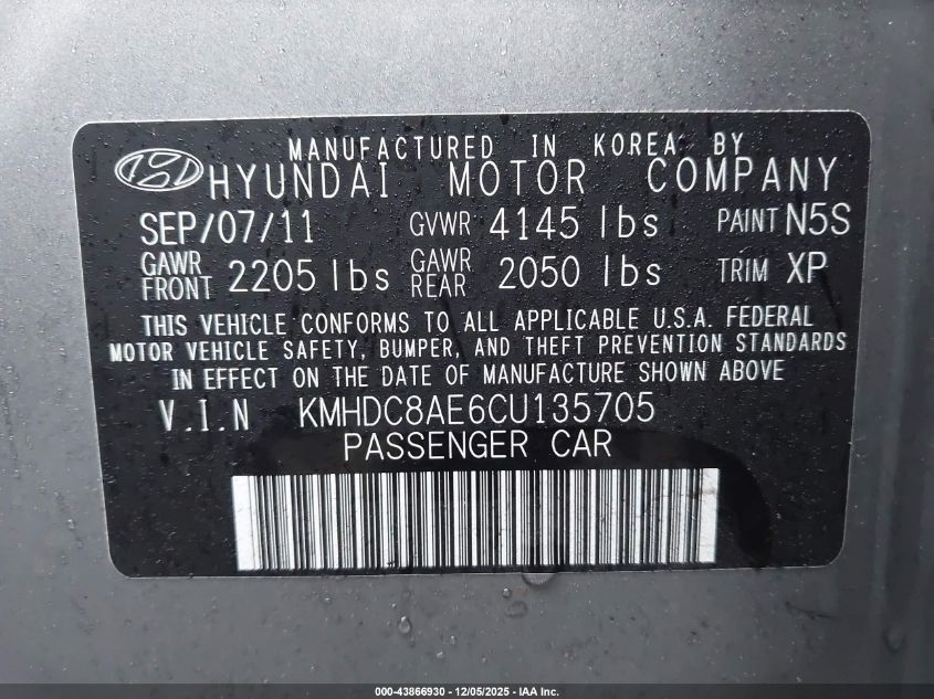 2012 Hyundai Elantra Touring Gls VIN: KMHDC8AE6CU135705 Lot: 43866930