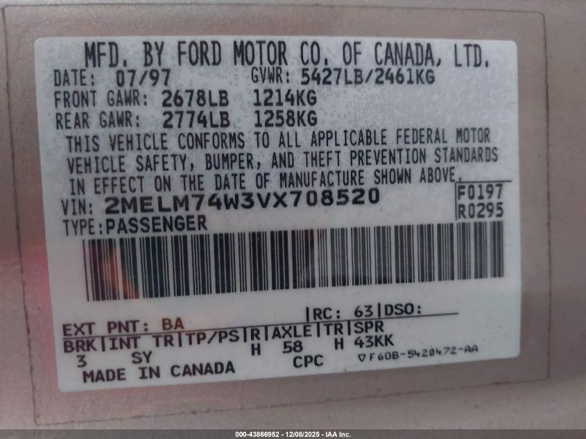 1997 Mercury Grand Marquis Gs VIN: 2MELM74W3VX708520 Lot: 43866952