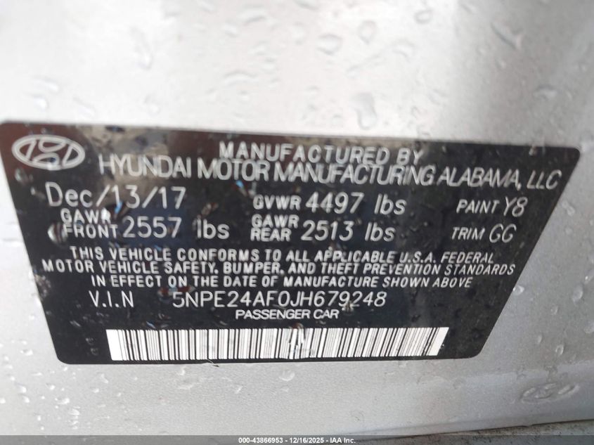2018 Hyundai Sonata Se VIN: 5NPE24AF0JH679248 Lot: 43866953