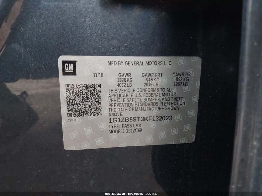 2019 Chevrolet Malibu 1Ls VIN: 1G1ZB5ST3KF132023 Lot: 43866960