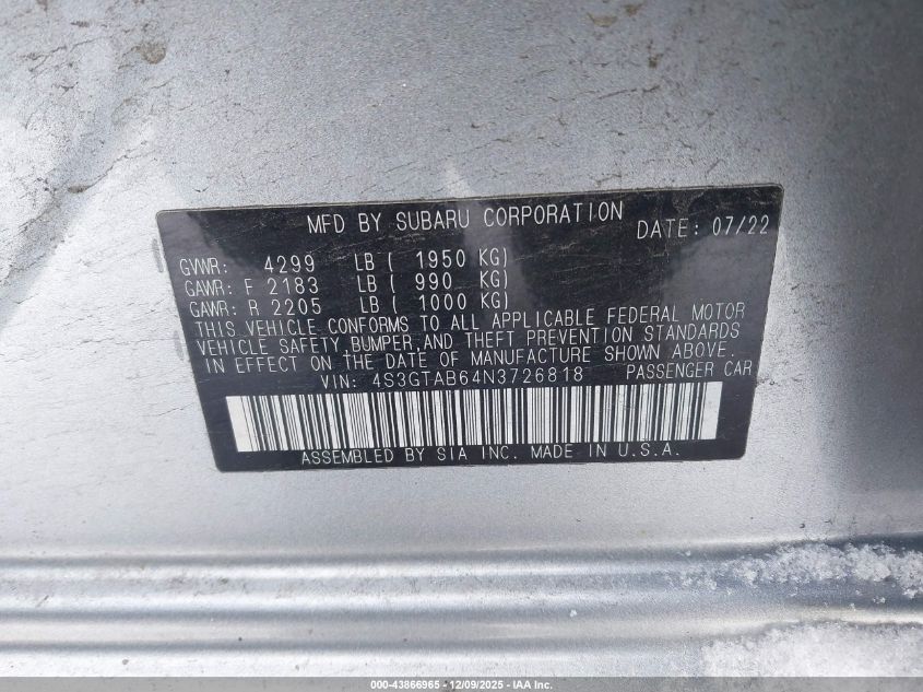 2022 Subaru Impreza Base 5-Door VIN: 4S3GTAB64N3726818 Lot: 43866965