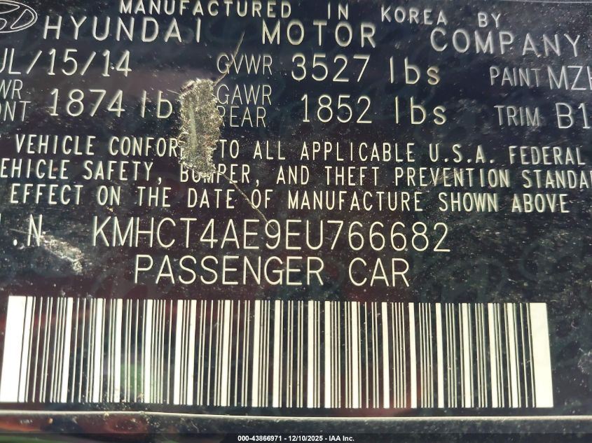 2014 Hyundai Accent Gls VIN: KMHCT4AE9EU766682 Lot: 43866971