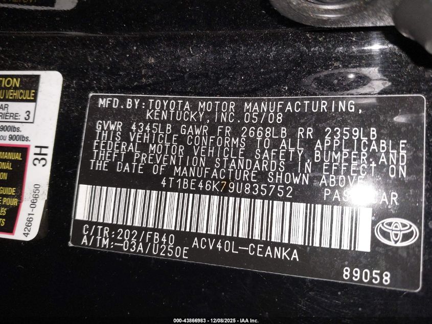 2009 Toyota Camry Le VIN: 4T1BE46K79U835752 Lot: 43866983