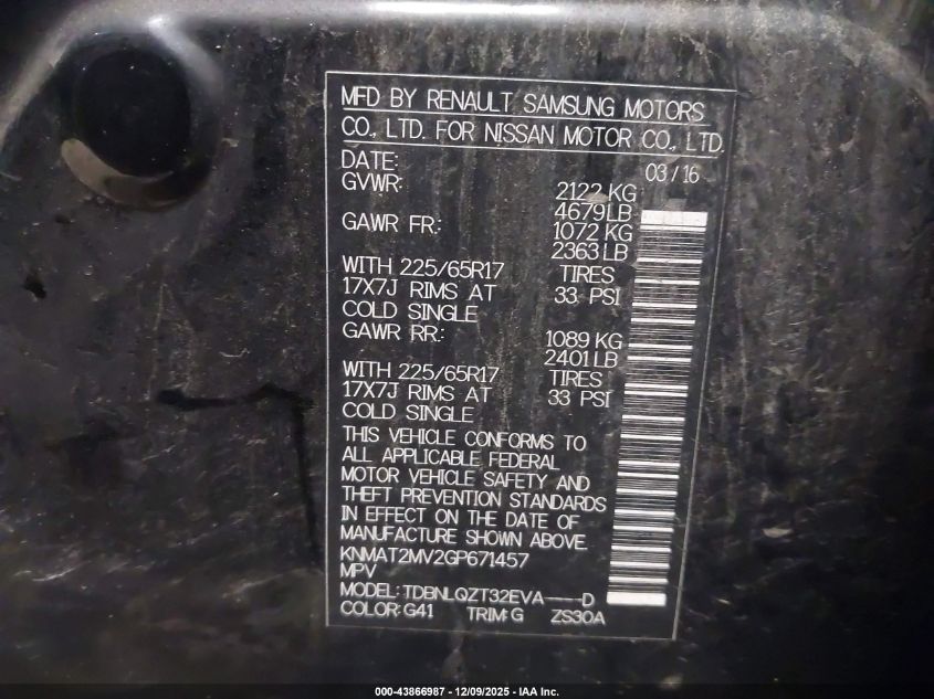 2016 Nissan Rogue Sv VIN: KNMAT2MV2GP671457 Lot: 43866987