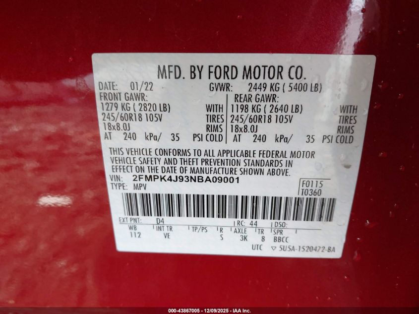 2022 Ford Edge Sel VIN: 2FMPK4J93NBA09001 Lot: 43867005