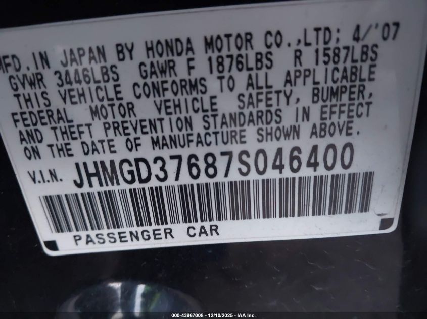 2007 Honda Fit Sport VIN: JHMGD37687S046400 Lot: 43867008
