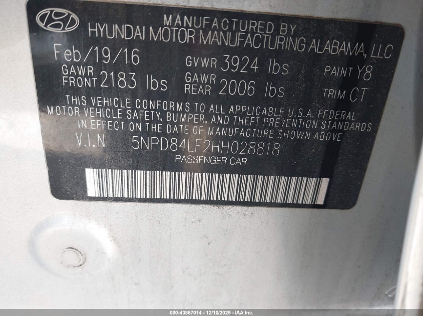 2017 Hyundai Elantra Limited VIN: 5NPD84LF2HH028818 Lot: 43867014