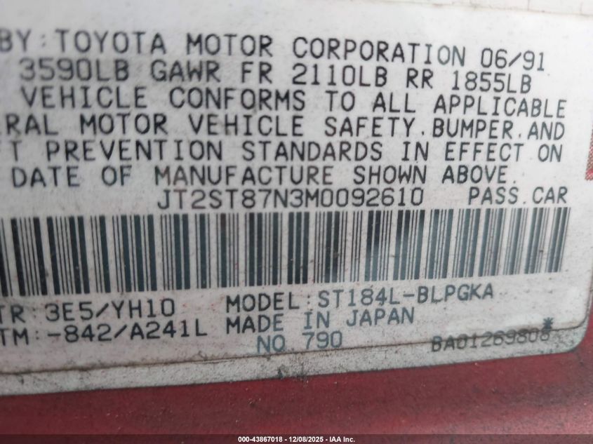 1991 Toyota Celica Gt VIN: JT2ST87N3M0092610 Lot: 43867018