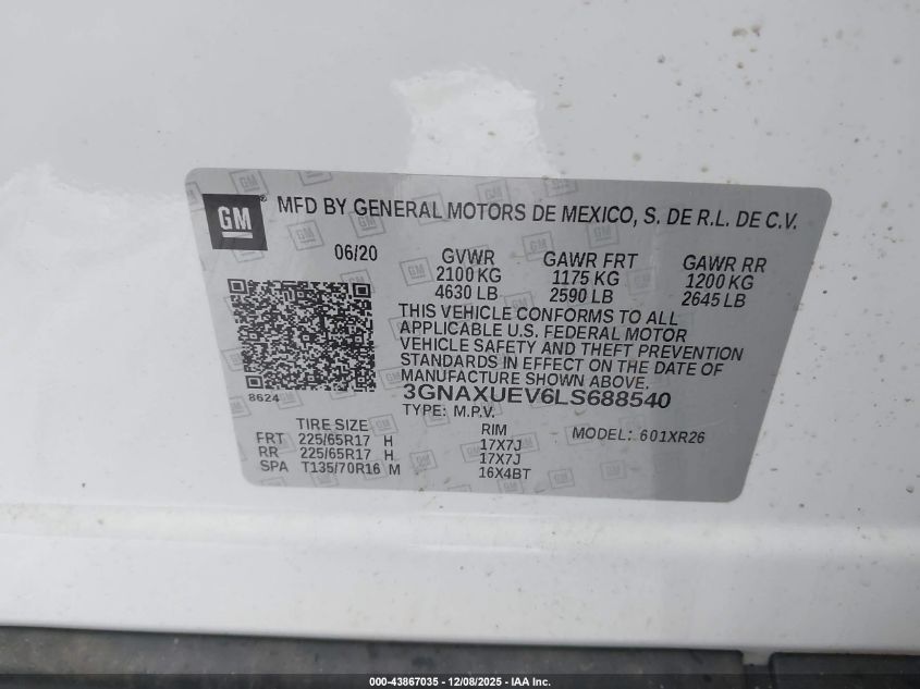 2020 Chevrolet Equinox Awd Lt 1.5L Turbo VIN: 3GNAXUEV6LS688540 Lot: 43867035