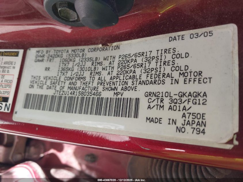 2005 Toyota 4Runner Sr5 V6 VIN: JTEZU14R158035466 Lot: 43867039