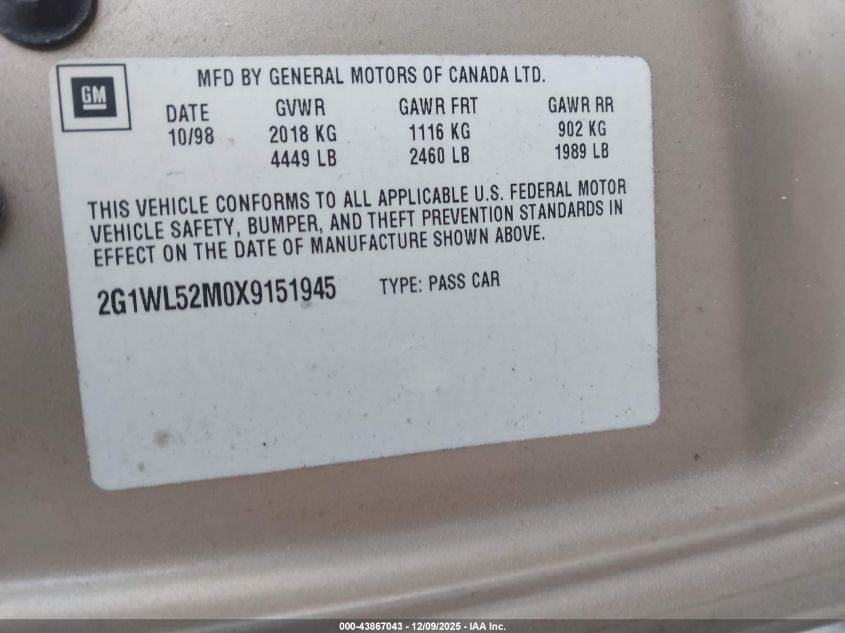 1999 Chevrolet Lumina VIN: 2G1WL52M0X9151945 Lot: 43867043