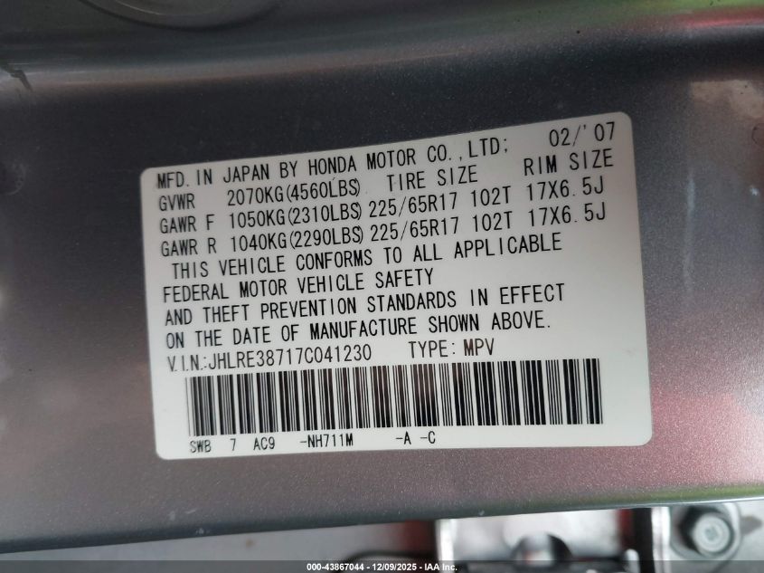 2007 Honda Cr-V Ex-L VIN: JHLRE38717C041230 Lot: 43867044