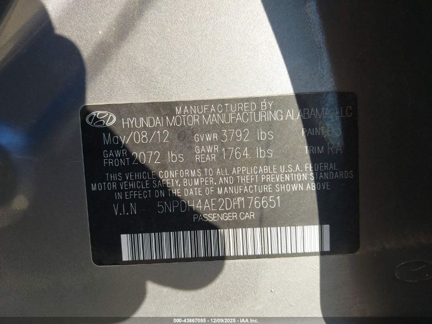 2013 Hyundai Elantra Limited VIN: 5NPDH4AE2DH176651 Lot: 43867055