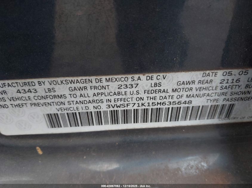 2005 Volkswagen Jetta 2.5 VIN: 3VWSF71K15M635648 Lot: 43867062