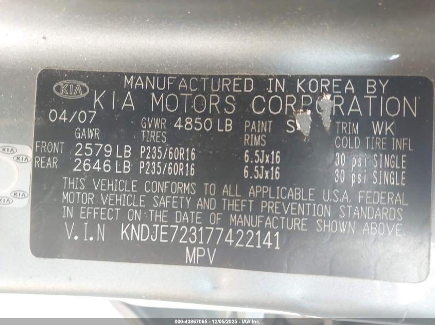 2007 Kia Sportage Lx V6 VIN: KNDJE723177422141 Lot: 43867065