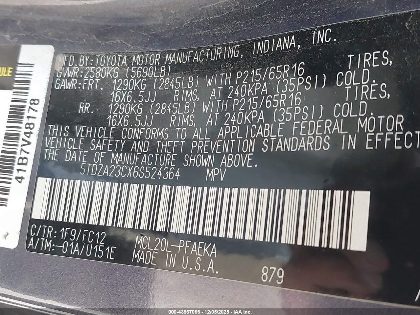 2006 Toyota Sienna Le VIN: 5TDZA23CX6S524364 Lot: 43867066