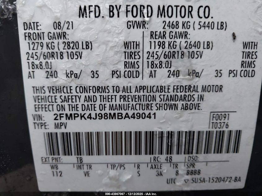 2021 Ford Edge Sel VIN: 2FMPK4J98MBA49041 Lot: 43867067