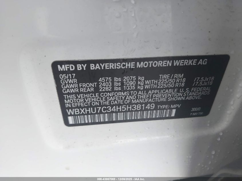 2017 BMW X1 Sdrive28I VIN: WBXHU7C34H5H38149 Lot: 43867069