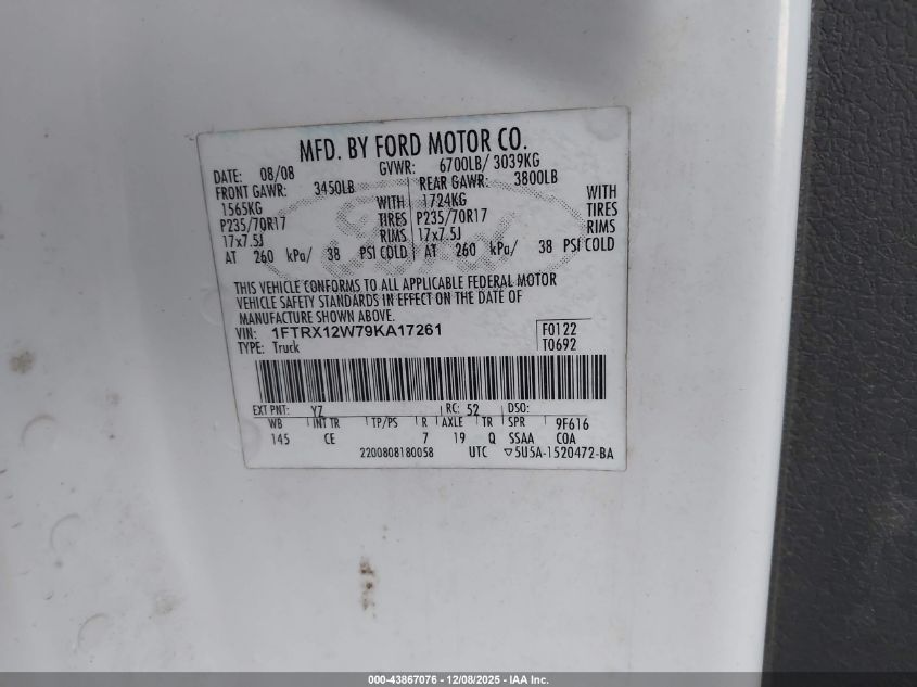 2009 Ford F-150 Stx/Xl VIN: 1FTRX12W79KA17261 Lot: 43867076