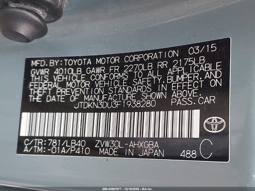 2015 Toyota Prius Four VIN: JTDKN3DU3F1938280 Lot: 43867077