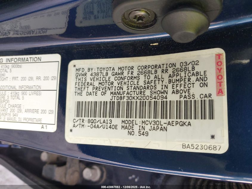 2002 Toyota Camry Xle V6 VIN: JTDBF30KX20054094 Lot: 43867082