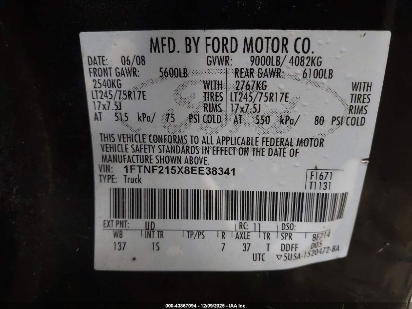 2008 Ford F-250 Xl/Xlt VIN: 1FTNF215X8EE38341 Lot: 43867094