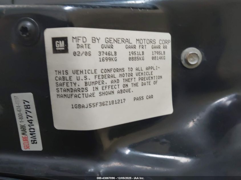 2006 Saturn Ion 2 VIN: 1G8AJ55F36Z181217 Lot: 43867096